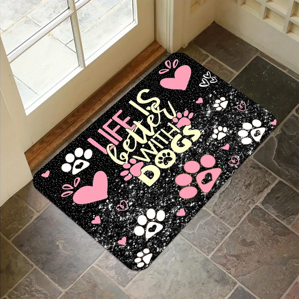 

Cute Dog Paw Print Letters Design Kitchen Carpet Bathroom Mat Non-silp Flannel Doormat for Home Decorative Accessories Floor Pad