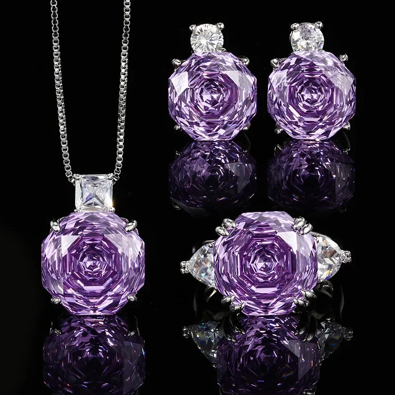 

Роскошный фиолетовый комплект украшений из высокоуглеродистого бриллиантового камня: ожерелье, серьги, регулируемое кольцо для женщин, модные сверкающие акценты из циркона