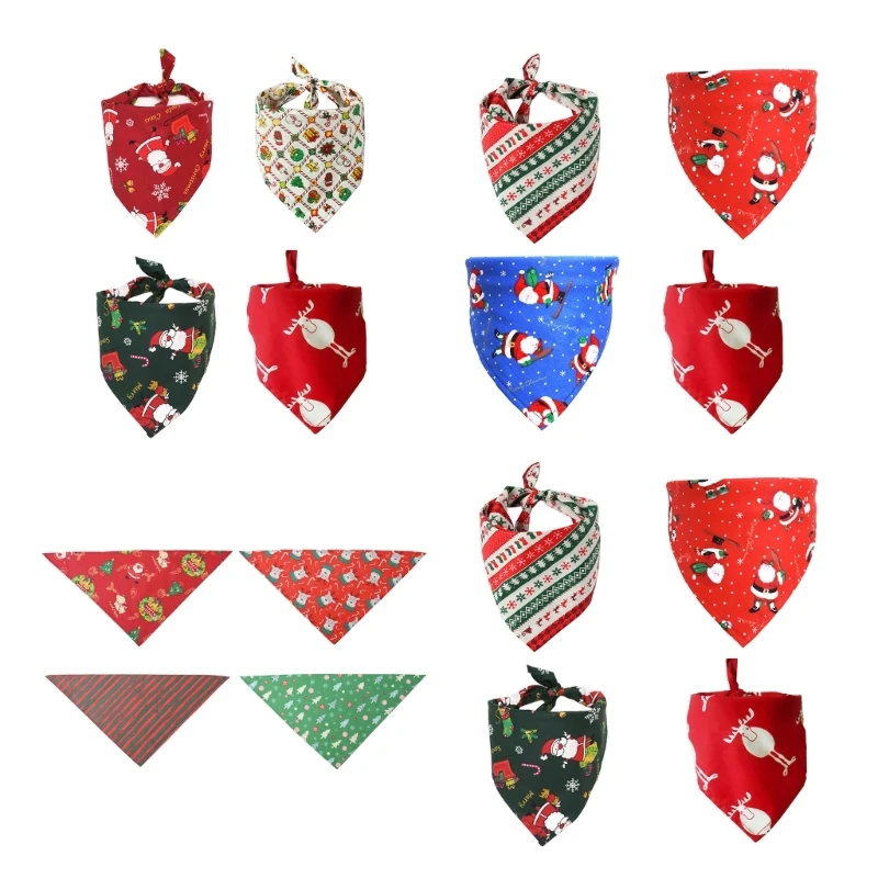 Pack of 4 Christmas Pet Bandanas Cotton Soft Bibs with Festival Pattern for Dogs and Cats Perfect for Holiday Feeling