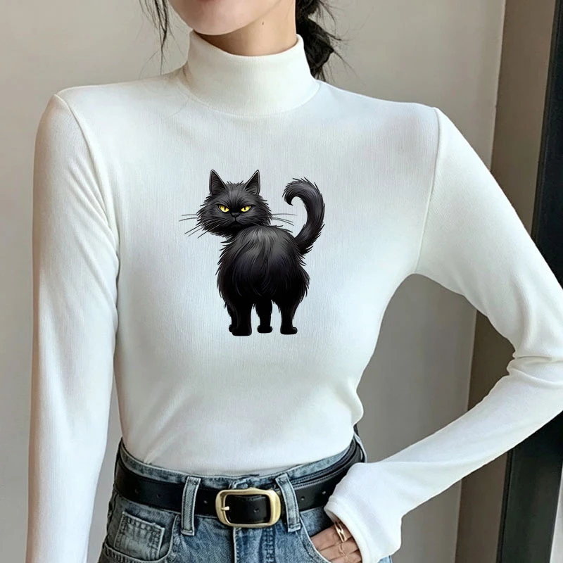 Winter Women's Thermal Brushed Fleece Half Mock Neck Long Sleeve T Shirt Long Haired Black Cat Turning Graphic Warm Tee