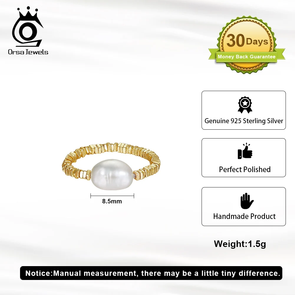 ORSA JEWELS Elegant 925 Sterling Silver 8mm Natural Freshwater Pearl Rings Adjustable 14K Gold Nugget Chain Ring for Women GPR21