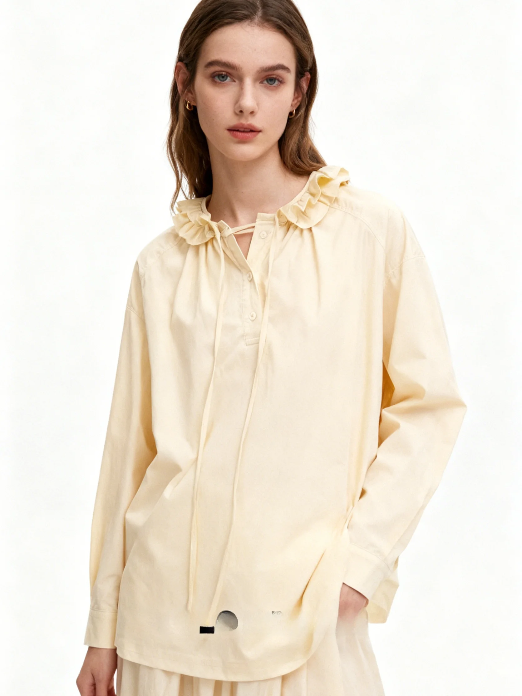 

LOLO MIRIAM26 Spring French Sle Breathable Polyester Long Sve Loose Fit irt with Detachable Lotus Le Collar Women's ...