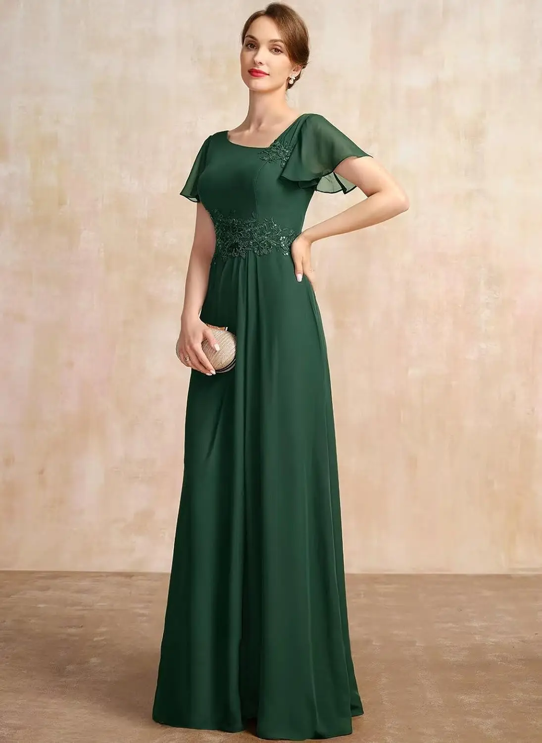 فستان وصيفة العروس من الشيفون بأكمام مطوية وياقة غير متماثلة من الدانتيل ملصق طويل أنيق رسمي للنساء فستان سهرة BallDress