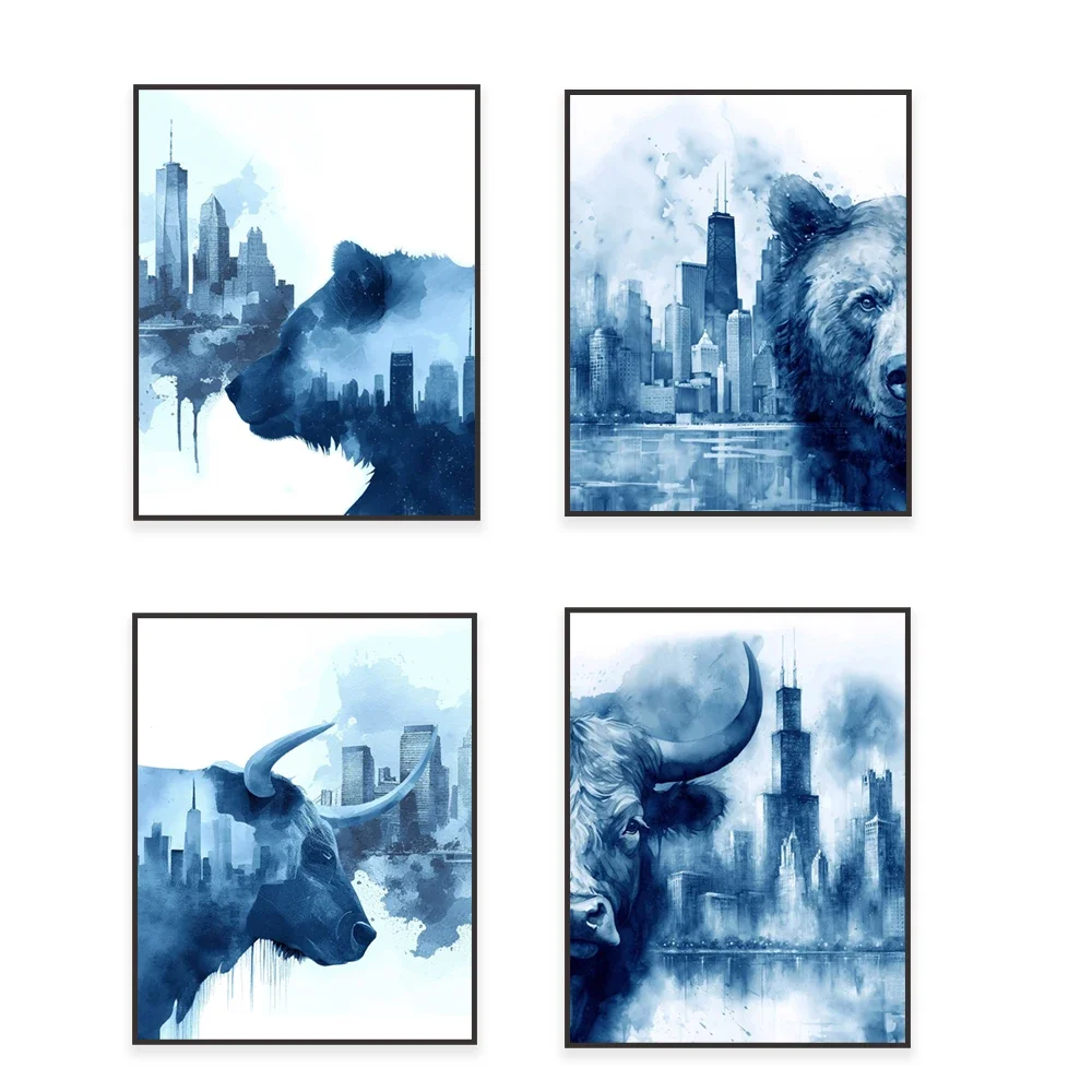 1 pieza de pintura en lienzo sin marco con vista al cielo de Chicago, vista al cielo de Nueva York, arte de toros y osos, póster decorativo para day trader, mercado de valores