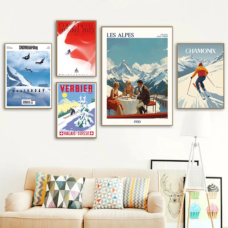 Retro Ski Travel Poster Winter Snow Mountain Scenery Wall Art Print Skiing Sport Canvas Painting Art Home Decor Wall Picture
