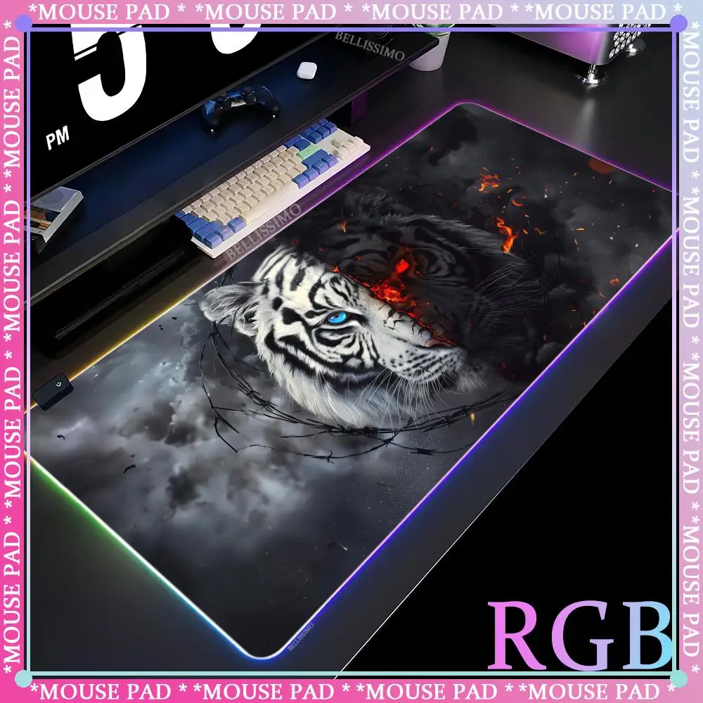 RGB lion HD printing mousepad gamer non-slip keyboard pad tiger large game accessories LED table mat rubber luminous mouse pad