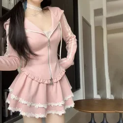 New Pure Desire Wind Sweet Pink Cardigan Women Slim Fall  Winter Fashion Hooded Sweater Half-body Skirt Kawaii Two-piece Suit