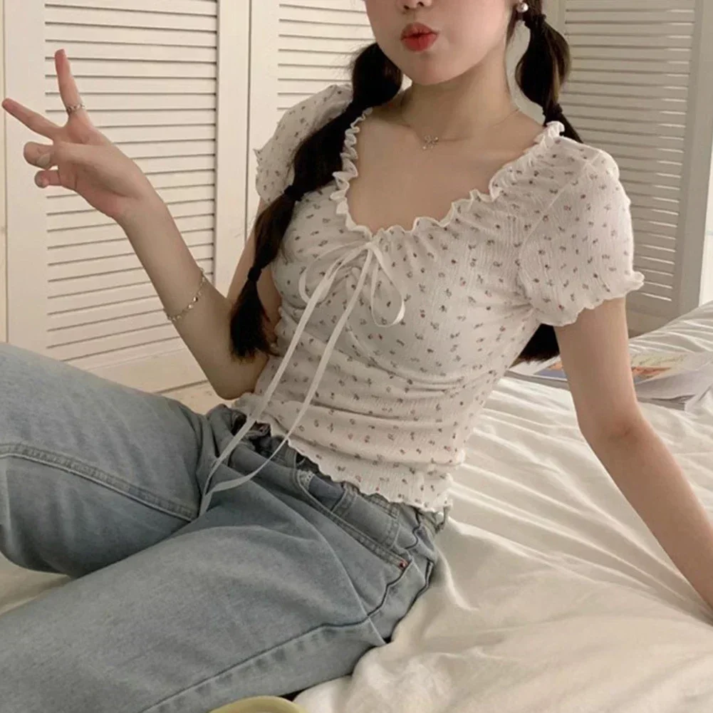 

Beach Outing Floral T-shirt Hot Girl Style Casual Short Sleeve Shirt Short Sleeve For Commuting Ruffled Design
