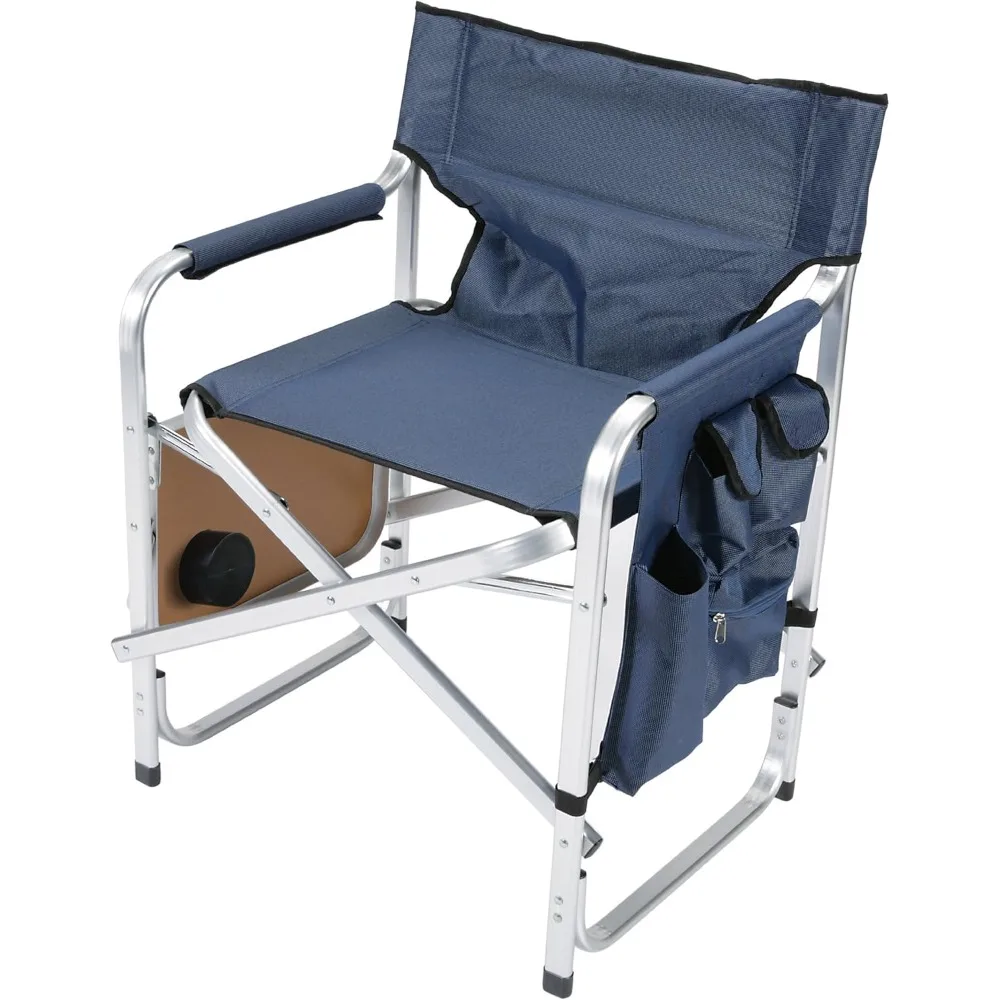 

Aluminum Director Chair with Folding Tray and Cup Holder, Blue