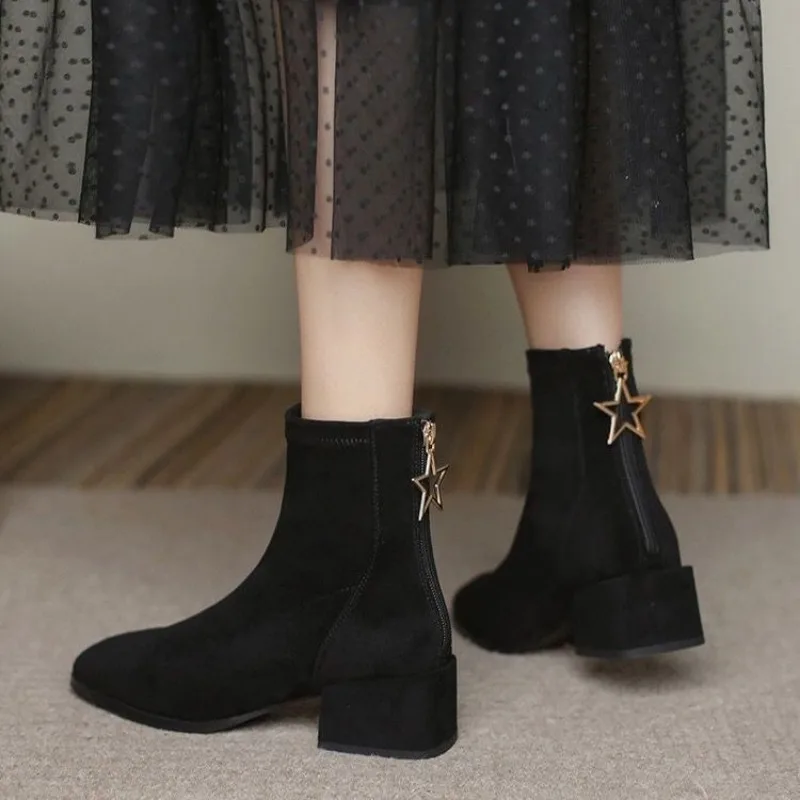 Booties Black Women\'s Ankle Boots Work Elegant with Medium Heels Short Shoes for Woman Suede Sale Gyaru Spring Autumn Footwear