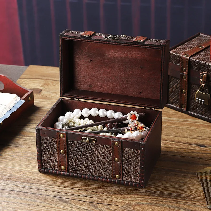 

Retro Wooden Makeup Box Jewelry Storage Large Capaci Cosmetic Case with Lock Privacy Desktop Organizer Dustproof