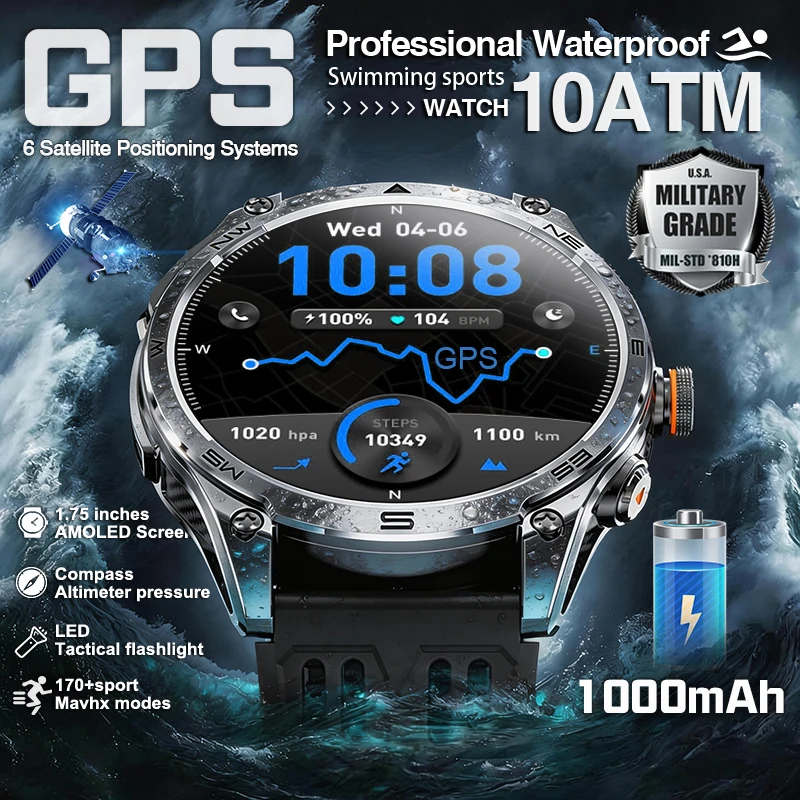 

2026 New GPS Outdoors 1000mAh Battery Smart Watch 10ATM Waterproof Sport Run Hiking Clock Compass Military Swim Smartwatch Men