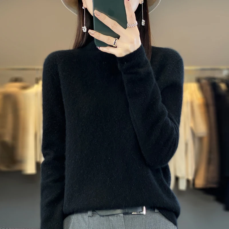 Women's Sweater Half Height Curled Collar Bright Silk Pure Wool Yarn Knitwear Pullover Long Sleeve Loose 2023 Autumn/Winters New