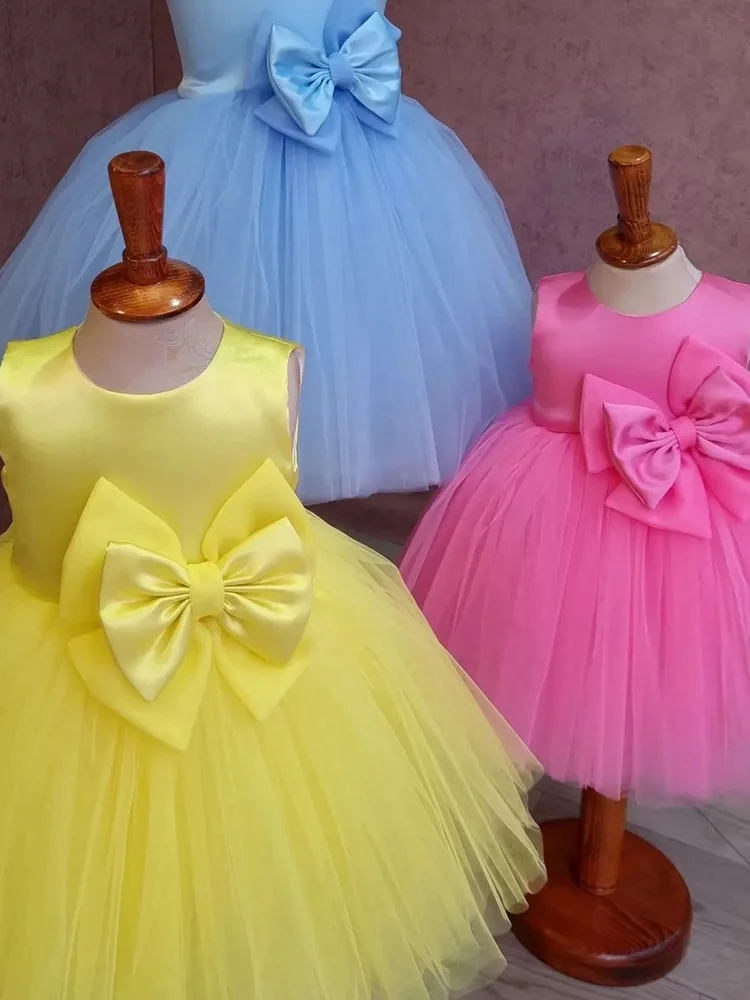 Baby Bow Tulle Baptism Dress for Girls Gown Toddler Kids Wedding Elegant 1st Birthday Party Princess Dress Tutu Evening Dresses