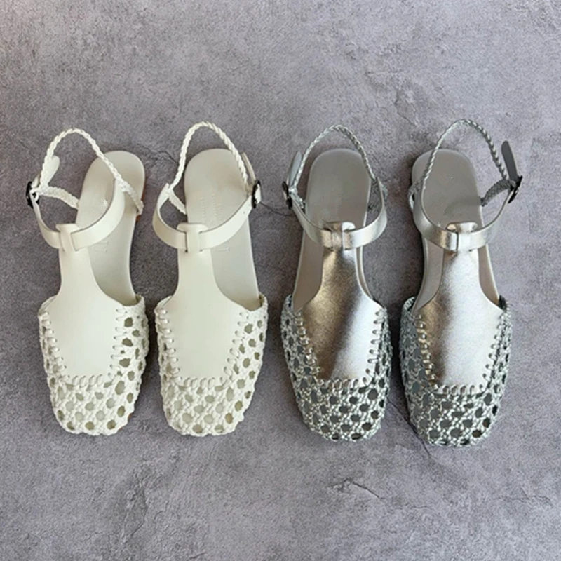 

Maxdutti Summer Vintage Handmade Leather Roman Woven Sandals French Comfortable Commuting Casual Sandals Women Flat Shoes