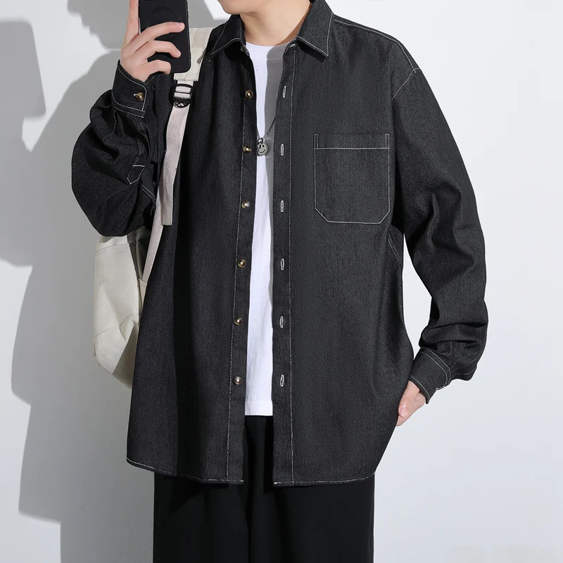 

Casual Long Sve Men's irt Spring Thin Sle Loose Outerwear Student Trendy Brand Pure Color Commute Faion Youth Wear