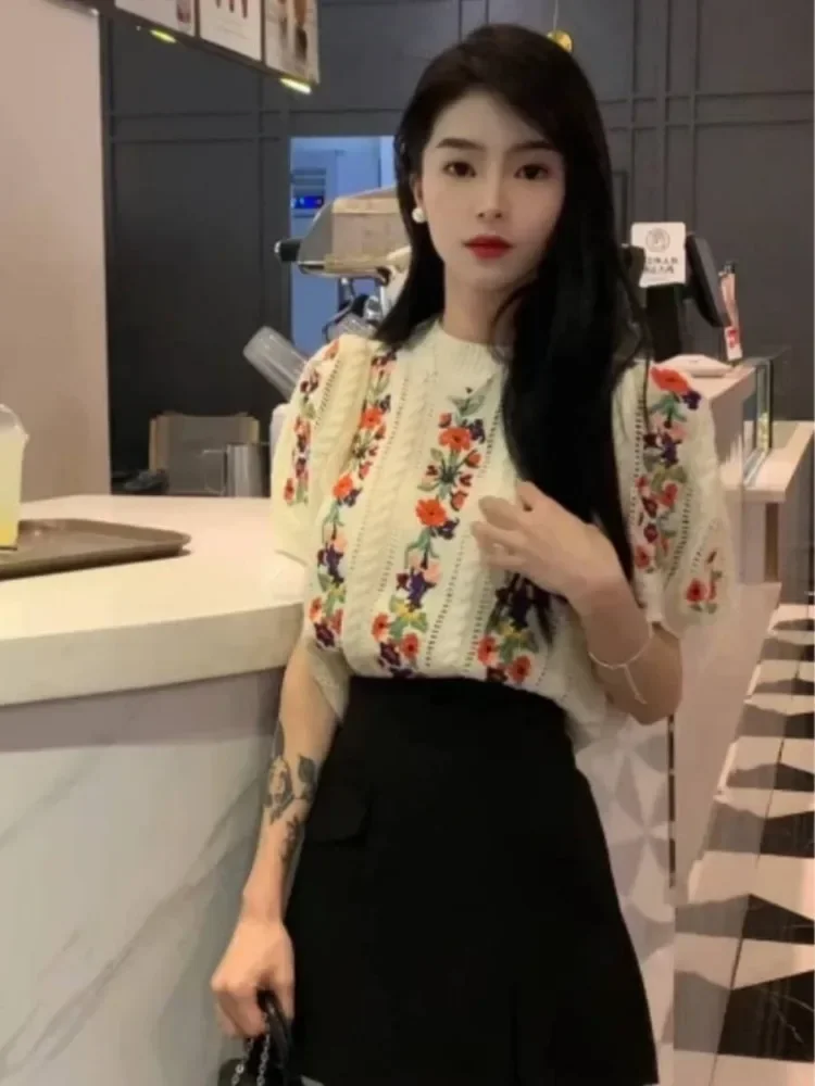2024 Ropa Mujer Knitted Puff Sleeve Tshirts Women Short Embroidery Flower T Shirt Casual Vintage O Neck Y2k Summer Tees