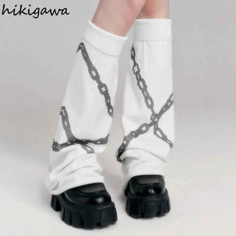 

Y2K Punk Knitted Leg Warmers Chain Gothic Cross Harajuku Women's Two Side Wear Loose Fit Leg Covers Sock JK Thigh High Lolita