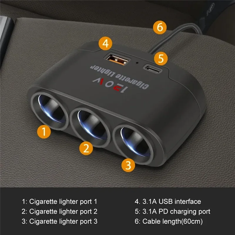 3 in 1 Dual USB Socket 120W Car Cigarette Lighter Splitter 12V 24V Fast Charger Plug Phone Power Adapter for Car DVR GPS Dashcam