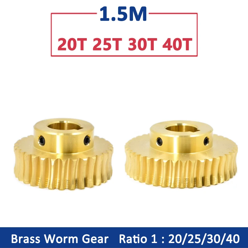 1pc 1.5M Brass Worm Gear 20 25 30 40 Teeth 1.5 Module Copper Turbine Speed Ratio 1:20/25/30/40 Bore 8 10 12 14 15 16 18 20mm