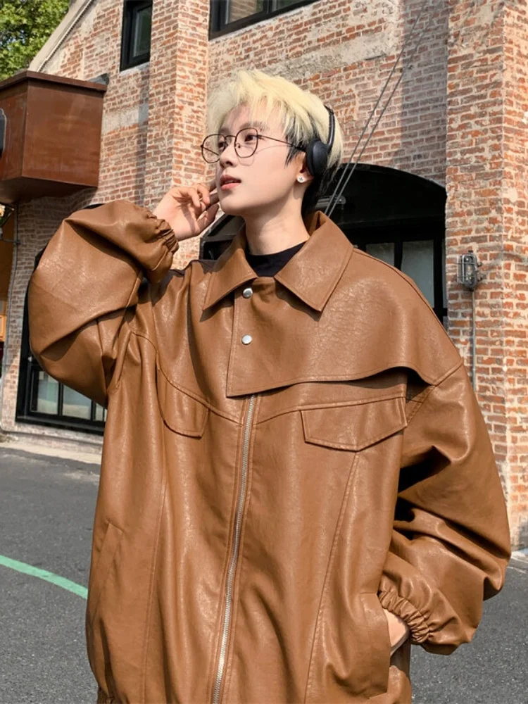 

American Sle Motorcycle PU Leather Jaet Men's Spring Autumn Flip Collar Workwear Jaet Youth Faionable Outerwear