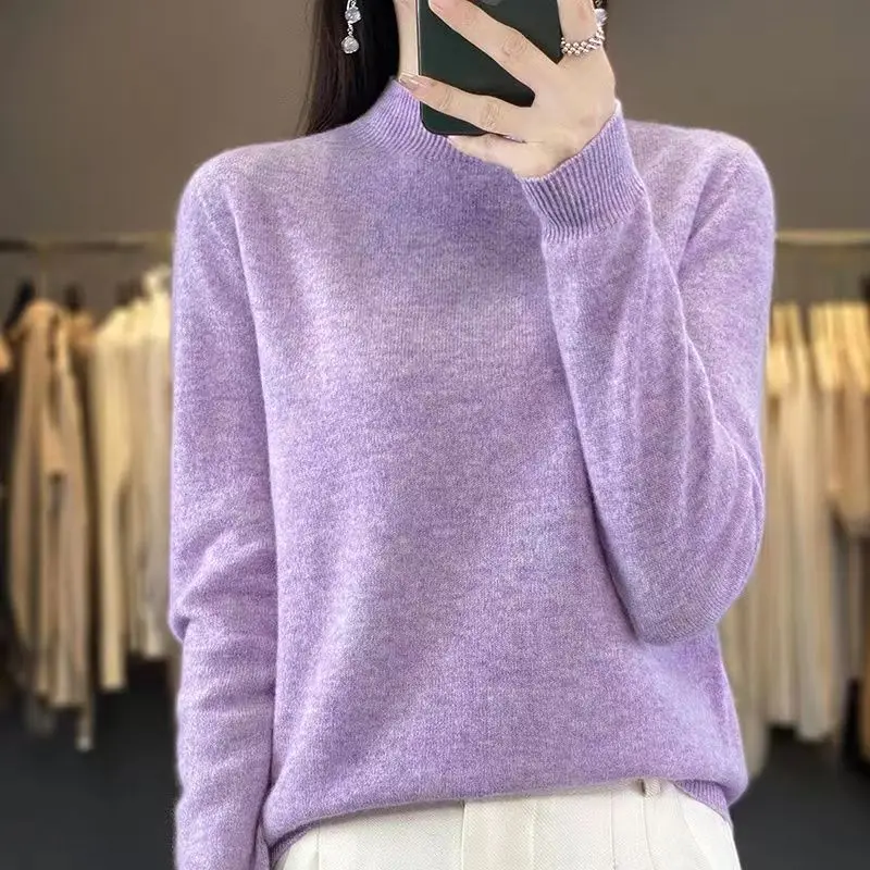 New Fashion Autumn And Winter Merino Wool Pullover Sweater Solid Color Long Sleeve Basic Thermal Top 100% Pure Wool SweaterWQ001