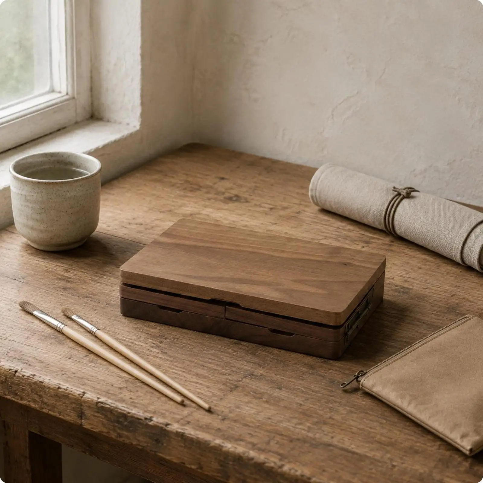 Paint Box with Wells Natural Wood Finish Wooden Paint Box Hinged Lid for Artists