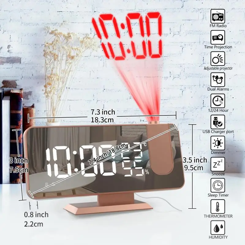 Reloj despertador Digital con proyección de Radio, pantalla de hora de cabecera multifunción, Radio con temperatura y humedad, reloj de espejo