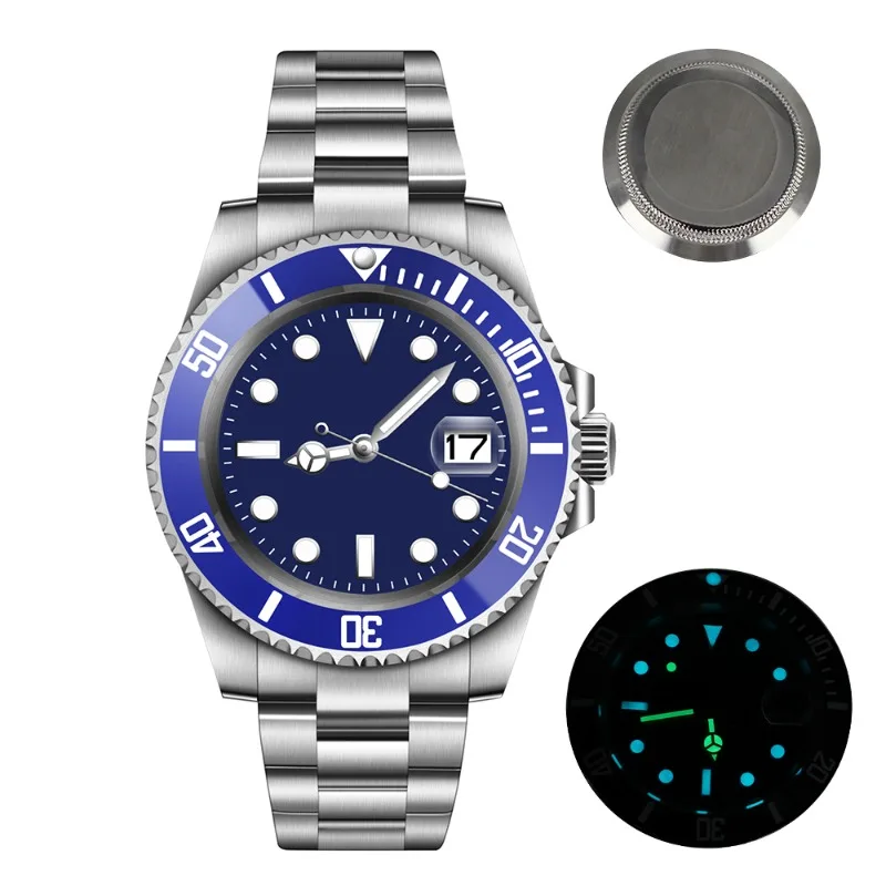 قم بتجميع مجموعة كاملة من حزام الفولاذ المقاوم للصدأ 316 لساعة NH35 بطول 100 متر مقاومة للماء من زجاج الياقوت المضيء الحرفي