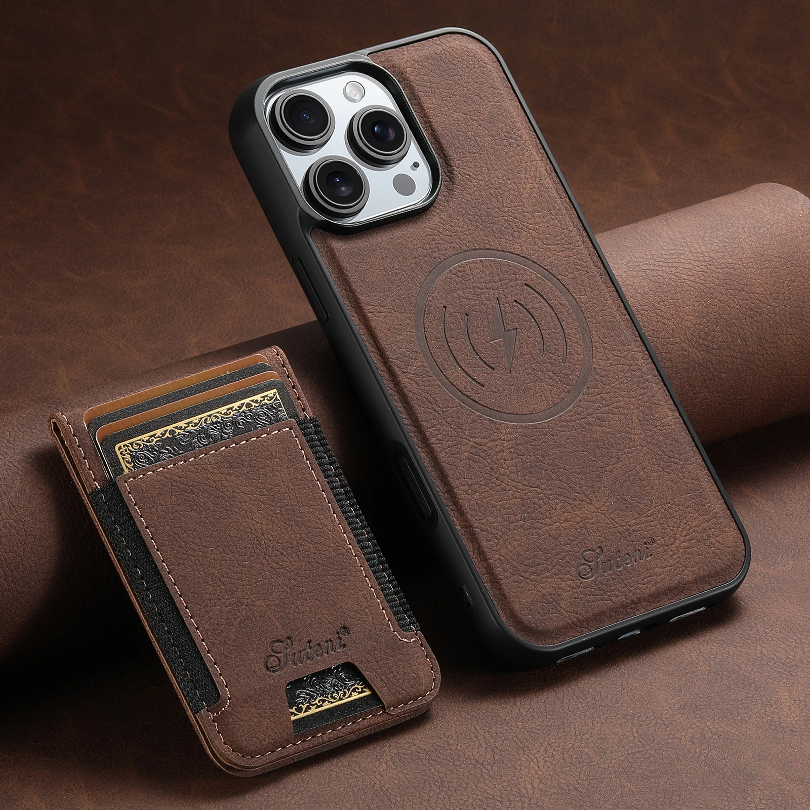 SUTENI Kunstleder-Handyhülle mit kabelloser Ladefunktion, Magnet, elastischem Band, Kartenhalter und Ständer für iPhone 18 Pro Max 17 16 Plus 15 14 13