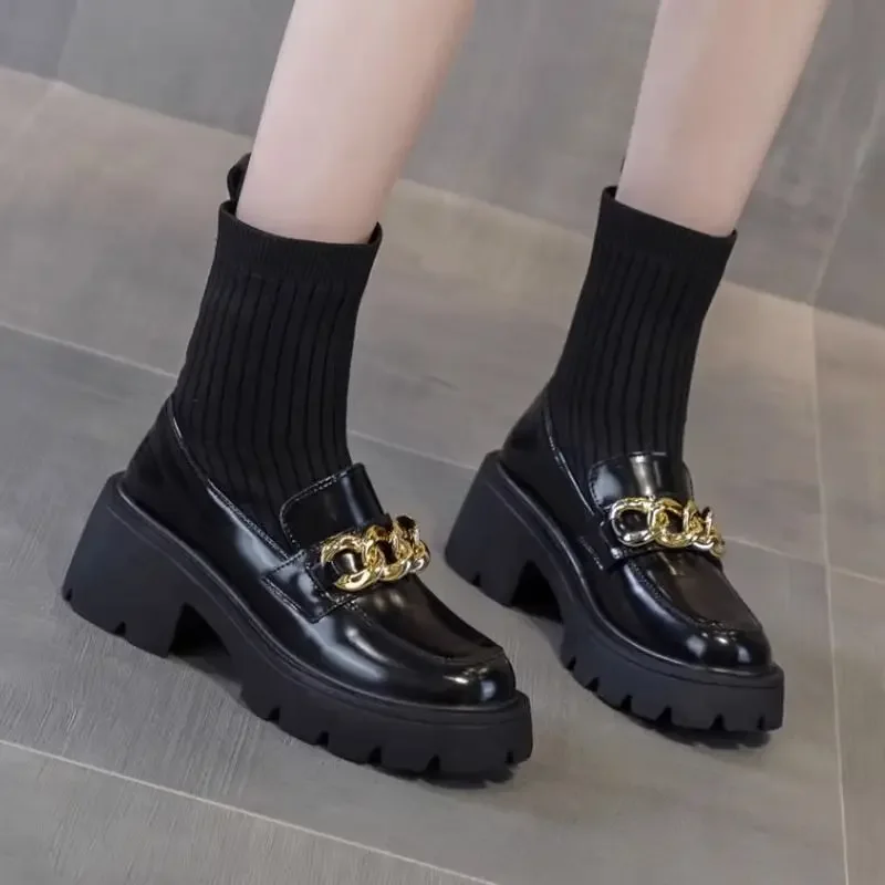 

Black Women High Heel Chunky Heel Loafer Sock Boots One Piece British Style Ankle Boots For Wide Leg Pants Skirts