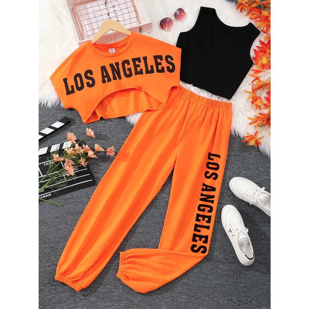 3 Pcs Set Teens Girls Clothing Short Top+Tank Top+Pant 13 14 15 16 Years Old Summer Casual Fashion Letter Printed Orange Suit