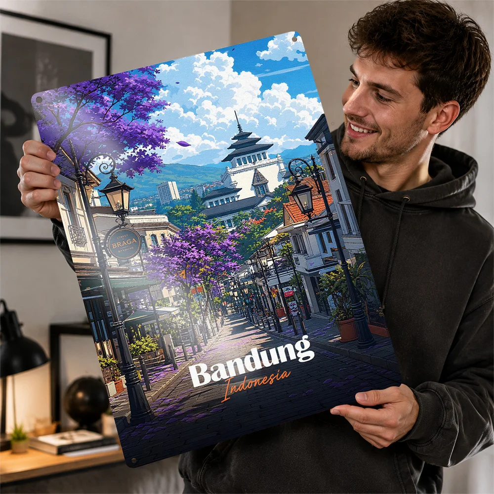 Bandung Indonesia Street Scene Metal Poster Perfect Gift for Fans Lovers Personalized Wall Art Metal Sign for Decor Luxury Home