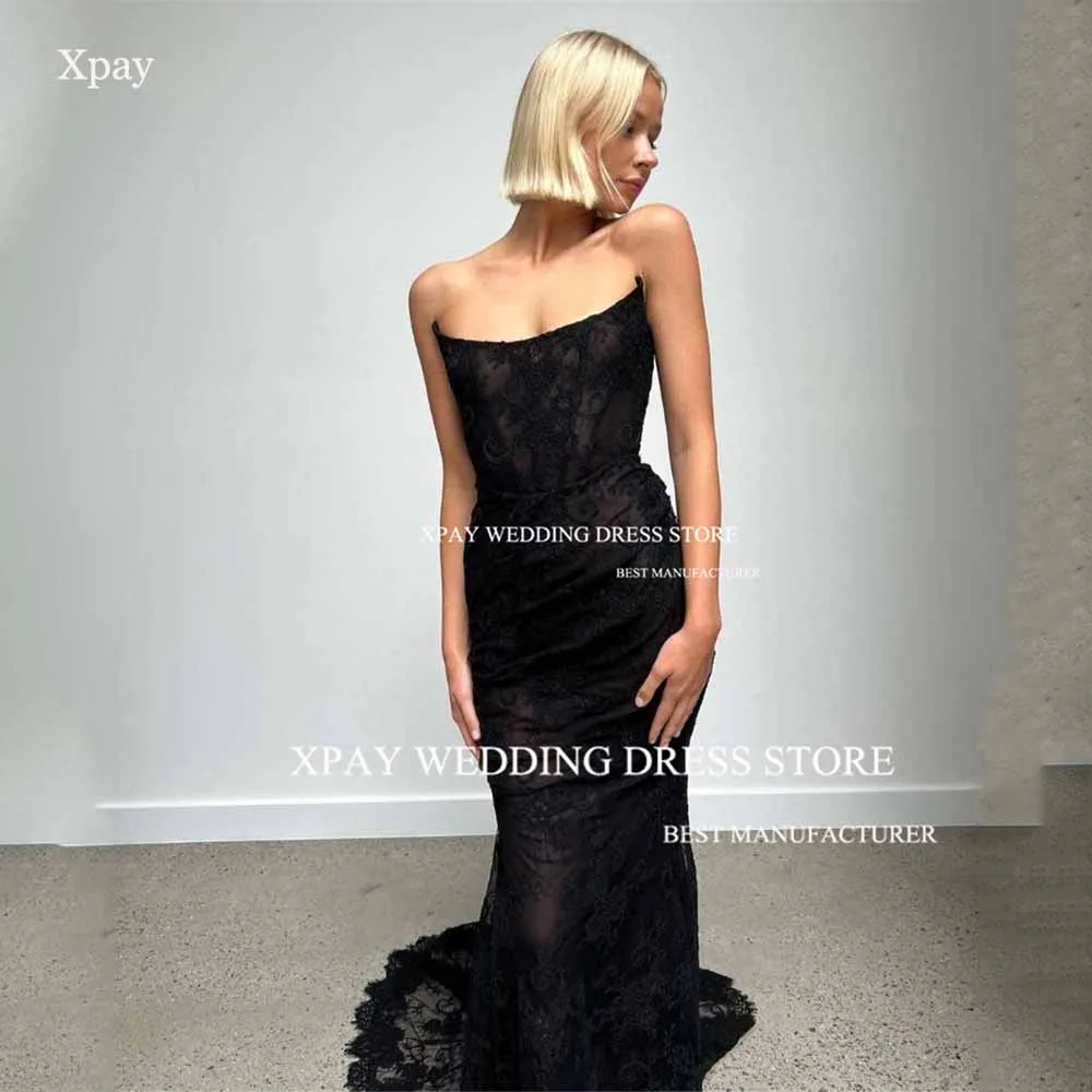 XPAY Gothic Black Mermaid Wedding Dresses Full Lace Sleeveless Bridal Gown Backless Strapless Sweep Train Bridal Dress 2024