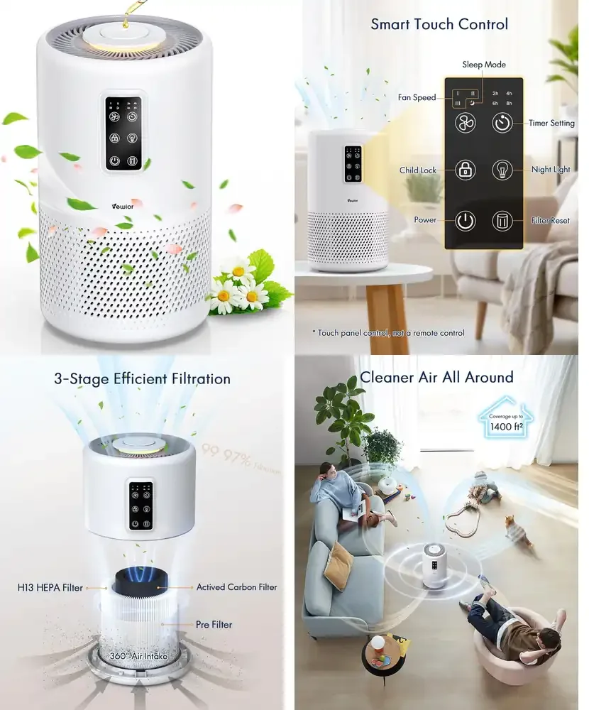 VEWIOR H13 True HEPA Air Purifier for Home Large Rooms up to 1400 sq ft with Scented Sponge Sleep Mode and Timer for Wildfire
