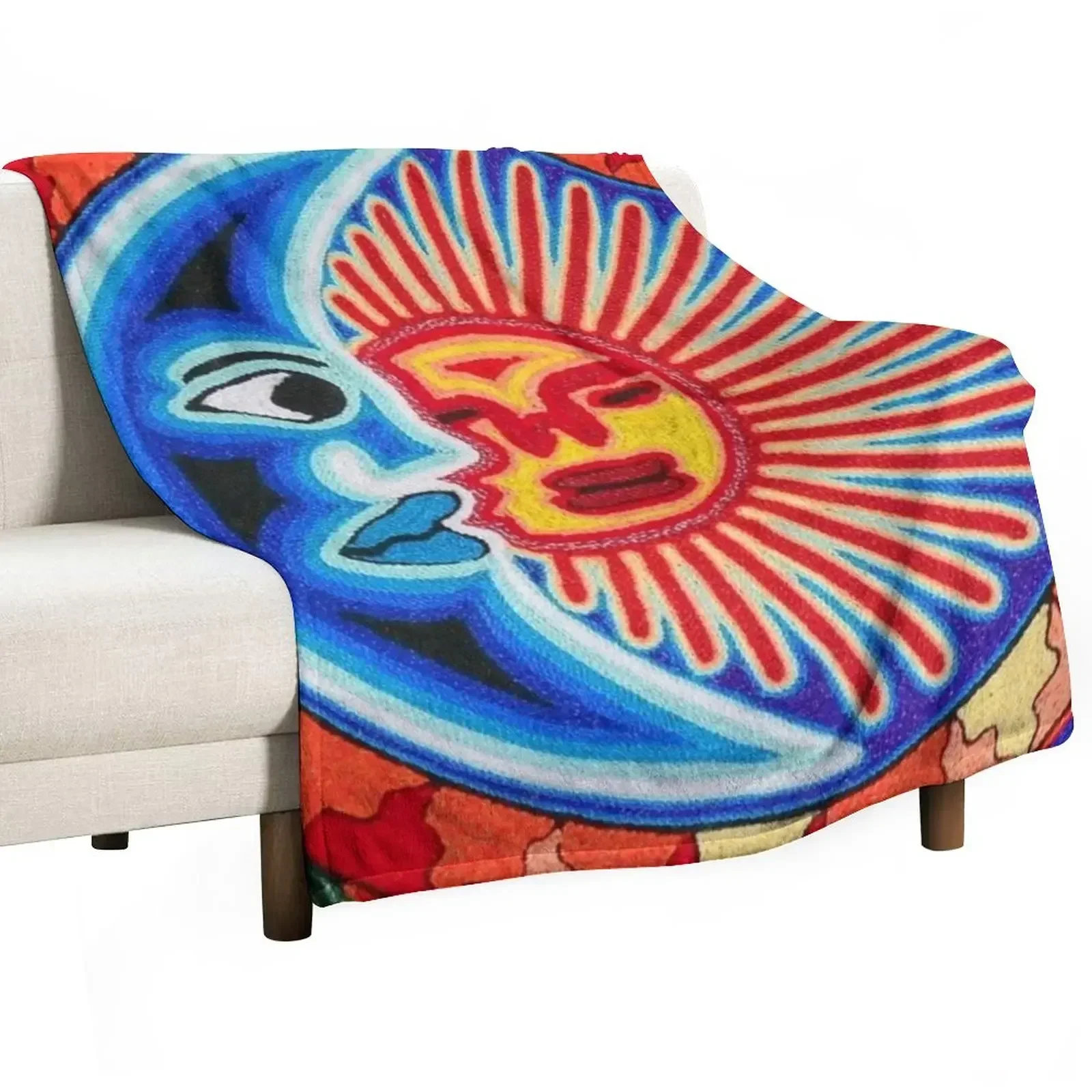 Mexican Sun Crescent Moon Colorful Huichol | Mexican Blanket Design | Large Cozy King Size | Vintage Folk Art - Throw Blanket