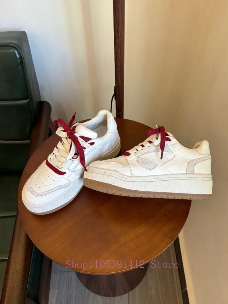 Fashion Women White Shoes Genuine Leather Lace-Up Thick-Sole 5CM Height-increase Sneakers Outdoor Breathable Hiking Skate Shoes