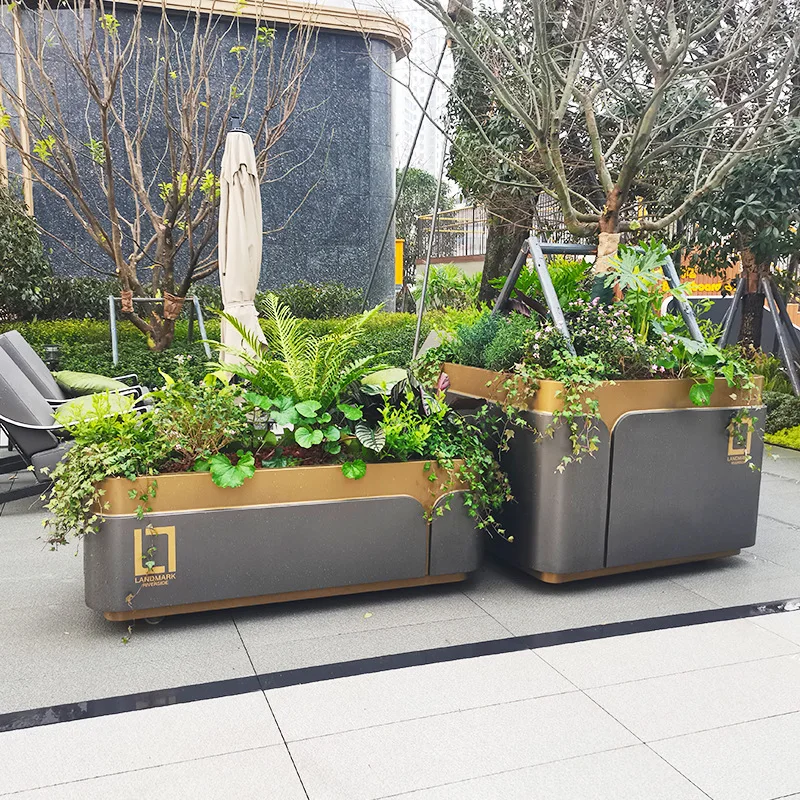 Community special stainless steel brushed flower pot outdoor wrought iron landscape flower box commercial street square outer pe