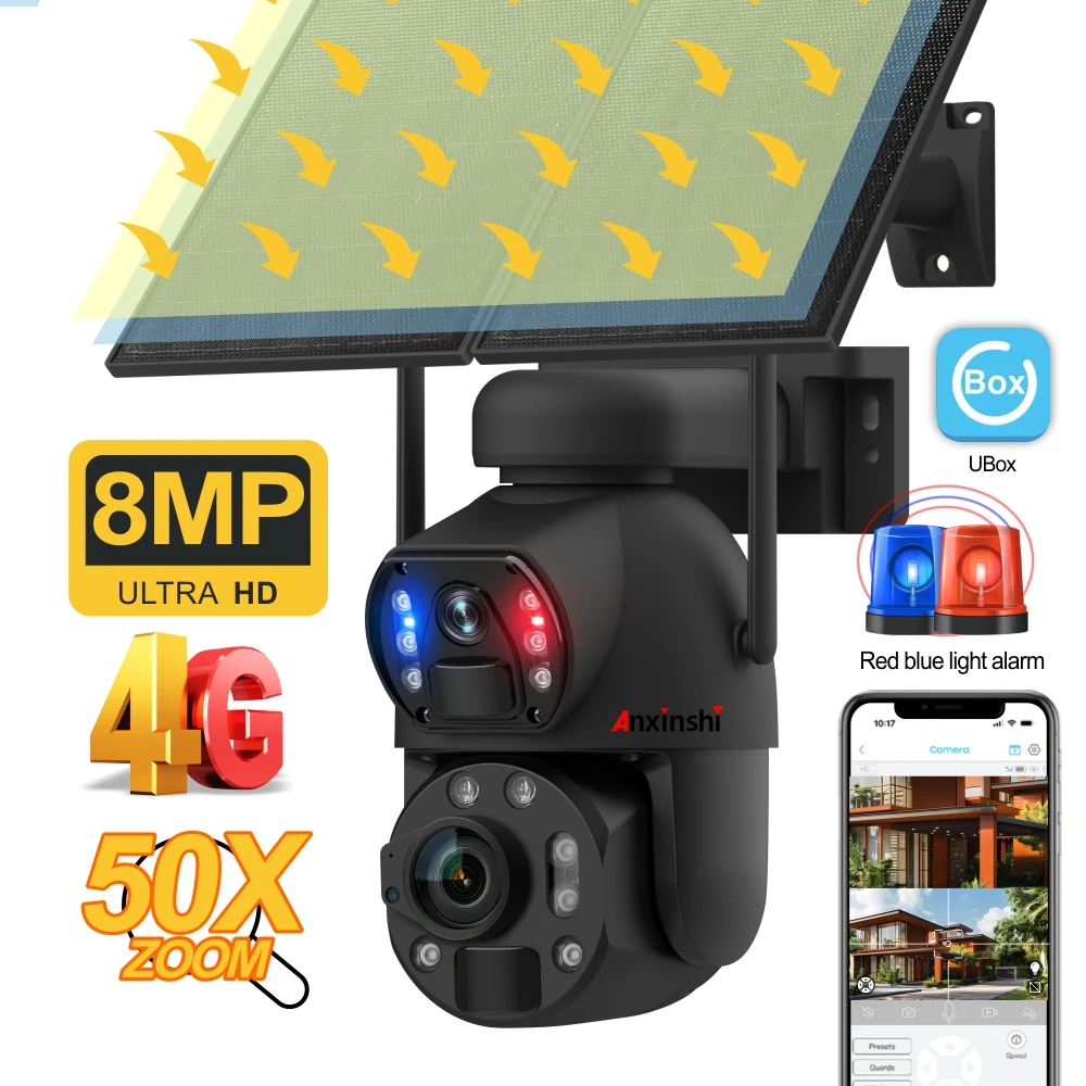 

4G Wireless Solar Camera 8MP 50X Zoom Ubox APP Dual Lens Solar Security Camera AI Human Detection Two Way Audio