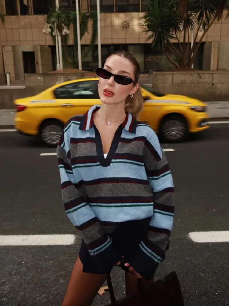 HH Mature Elegant Multicolor Striped Polo Collar Deep V Neck Drop Shoulder Knit Sweater Women Fall Dinner Refined Chic Top
