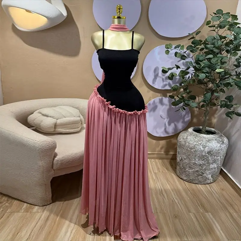 Women's Clothing 2026 Autumn New Sweet And Fresh Spliced Strap High-Waisted Slimming A-Line Long Dress