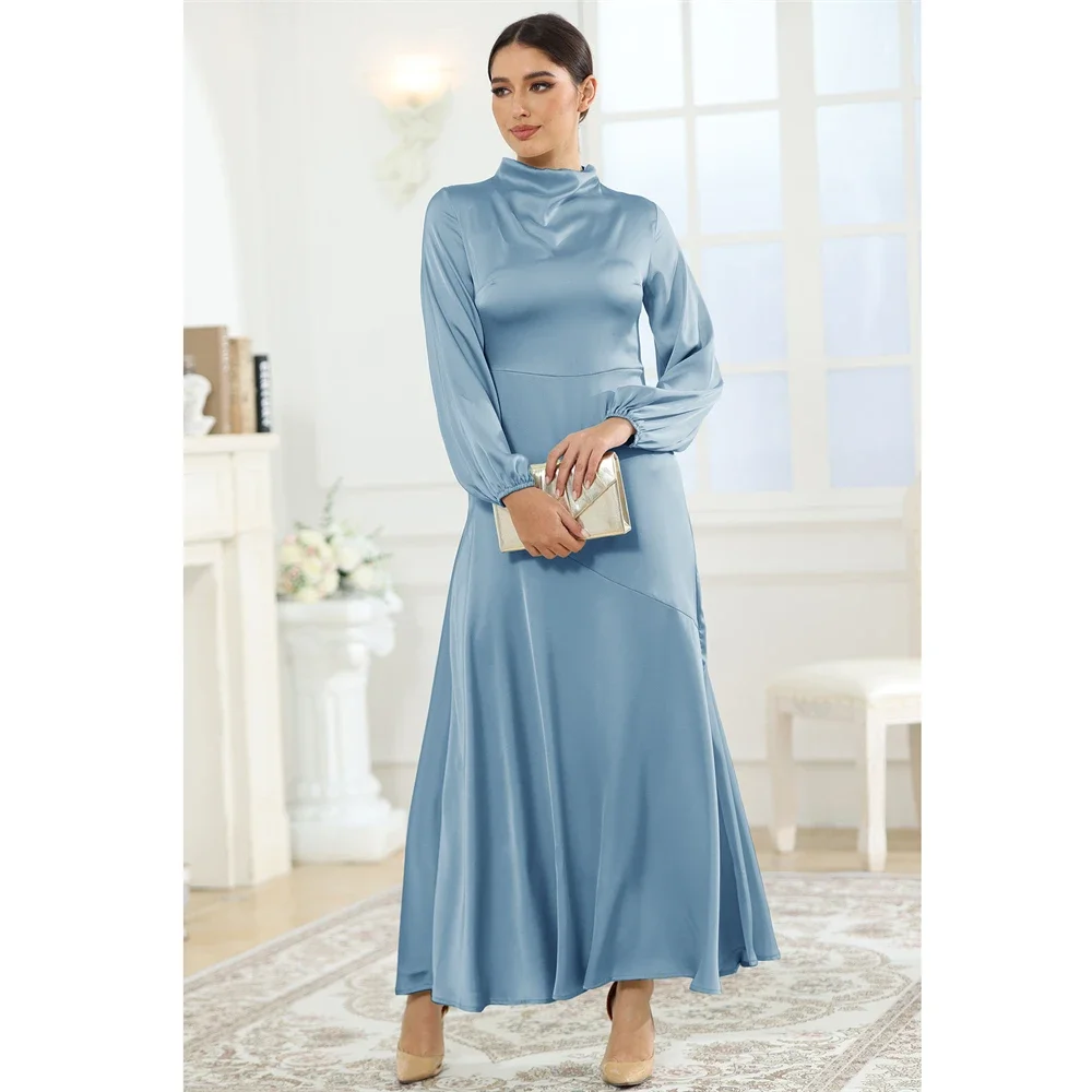 Eid Muslim Women 2025 Satin Solid Dress Abaya Party Long Sleeve Dresses Dubai Arab Turkey Ramadan Abayas Caftan Kaftan Elegant