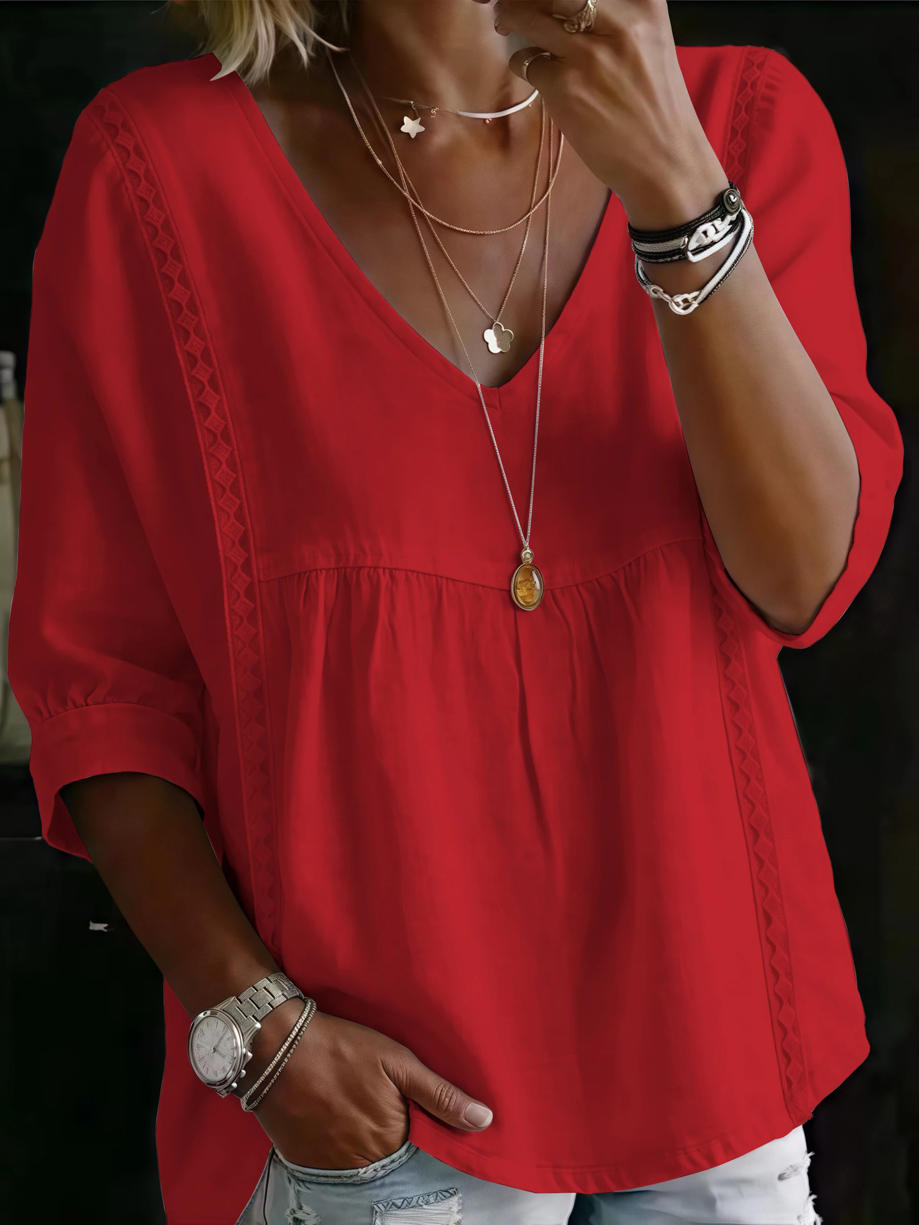 Women's Summer V-Neck 3/4 Sleeve Lightweight Breathable Lace Panel Casual Pullover Blouse