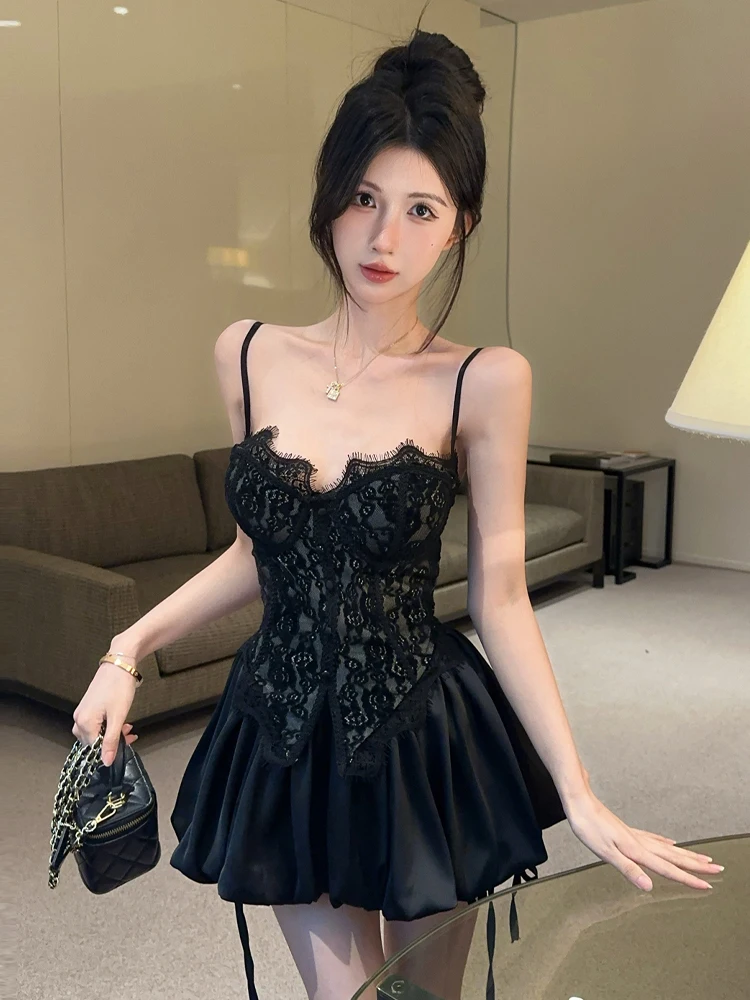 

Retro Pure Desire Heavy Embroidery Lace Strap Waist Cinching Top A-Line Flounce ort Skirt Two-Piece Set Women's Faion