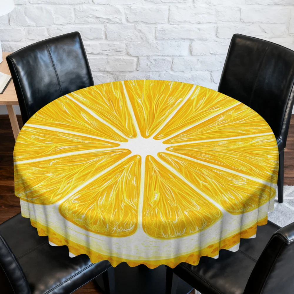 A circular tablecloth design featuring lemon slices illustration, used to create the atmosphere of the dining table.xzj