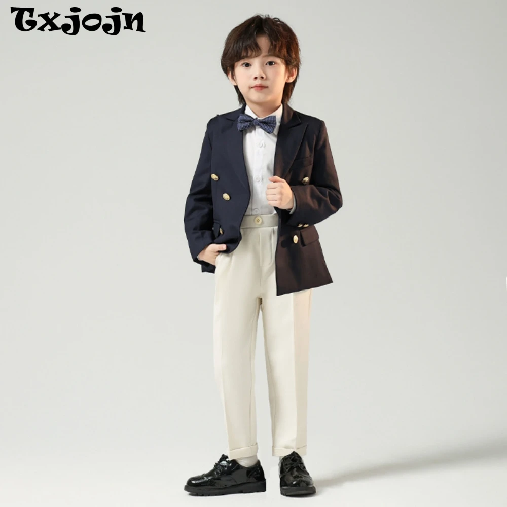 

2025 Autumn New Boys Slim Fit Suits Host Costumes,Fashionable Double Breasted Kids Suit Set Wedding Ring Bearer Outfit 90-150cm