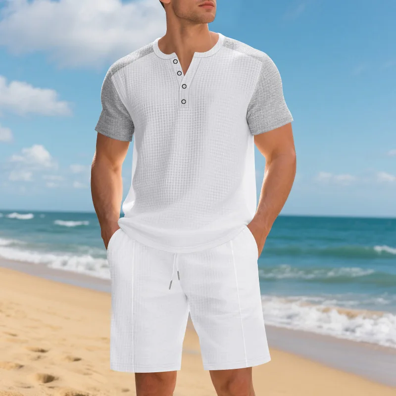 

Summer Large Size American Loose Waffle Beach Henry Shirt Short Sleeve Shorts Casual Suit Men