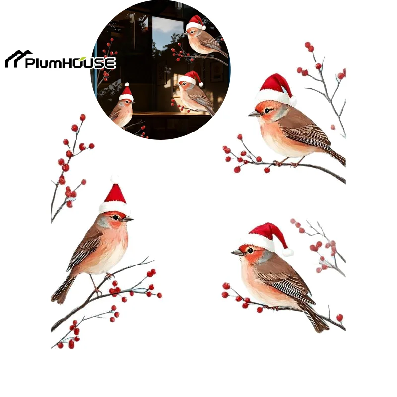Three Birds In Santa Hats Window Stickers Christmas Theme Red Berry Branches Decoration Wall Stickers Glass Decal Poster