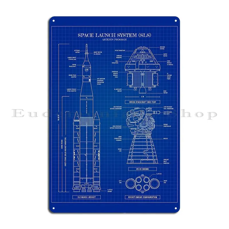 Space Launch System Sls Artemis Program Blueprint Vertical Metal Signs Rusty Cinema Garage Decoration Character Tin Sign Poster