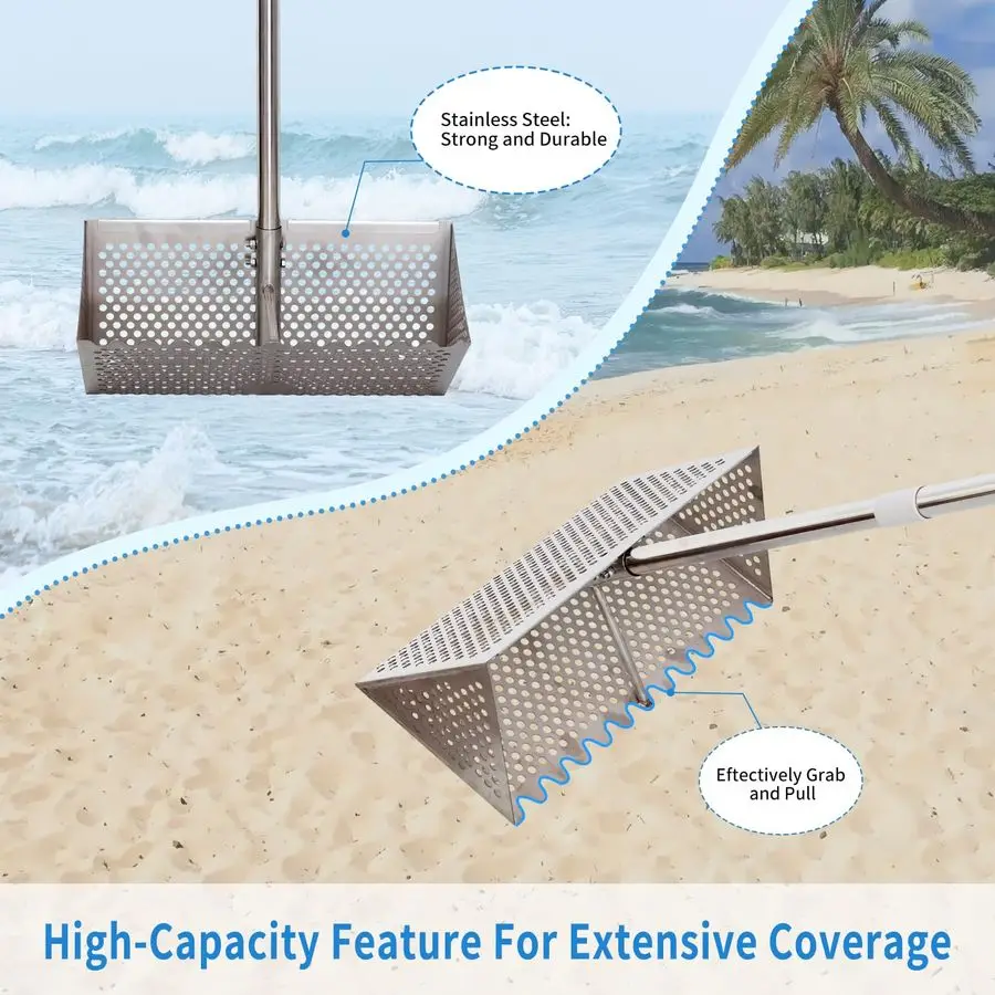 Flea Rake, Detachable Long Handle Sand Sifter for The Beach, The Shark Tooth Screen Comes with a 16in Wide Drain Screen with a 5